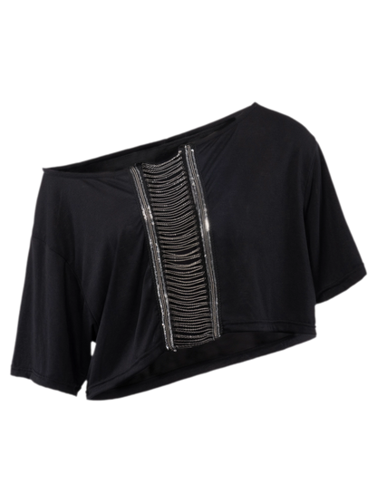 Black Loose Slant Shoulder Chain Crop Top