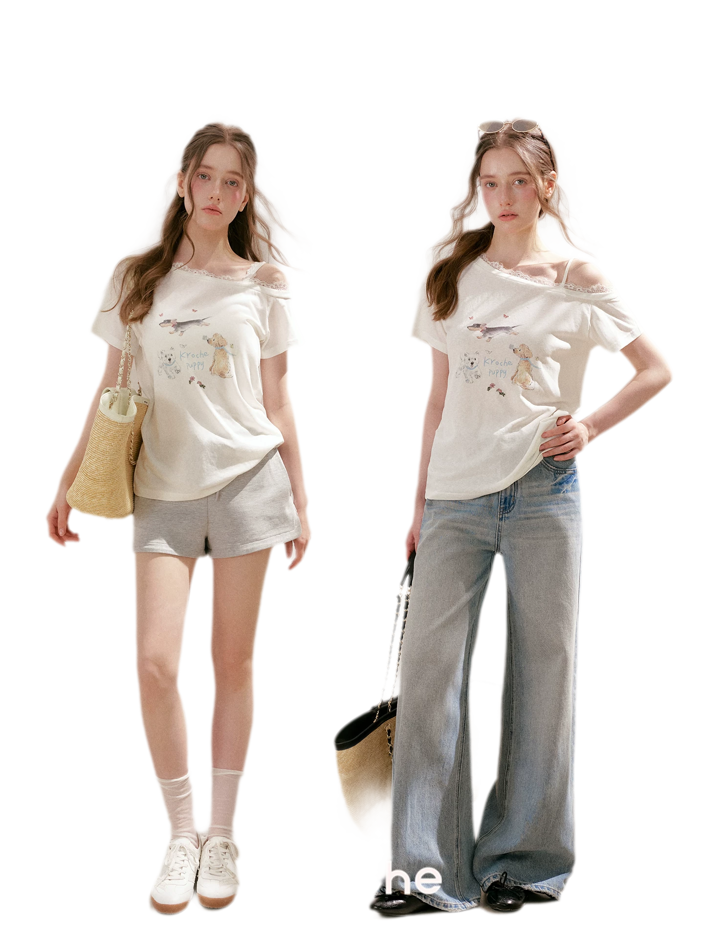 Tencel Cotton French Lace Puppy Print Asymmetric T-Shirt