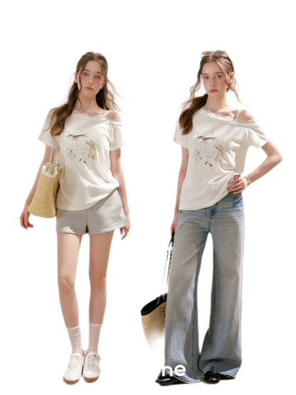 Tencel Cotton French Lace Puppy Print Asymmetric T-Shirt