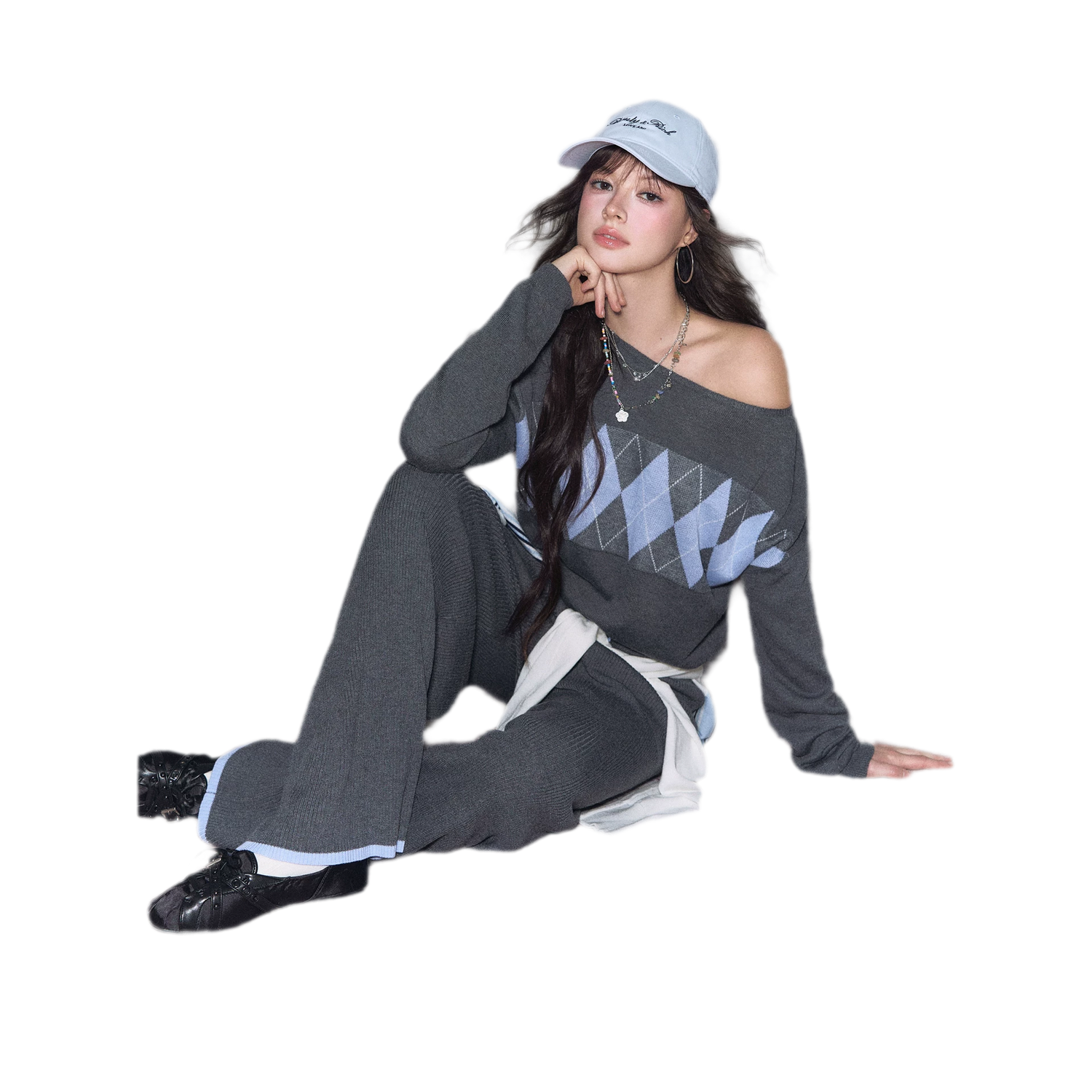 Argyle Off-Shoulder Knit Set