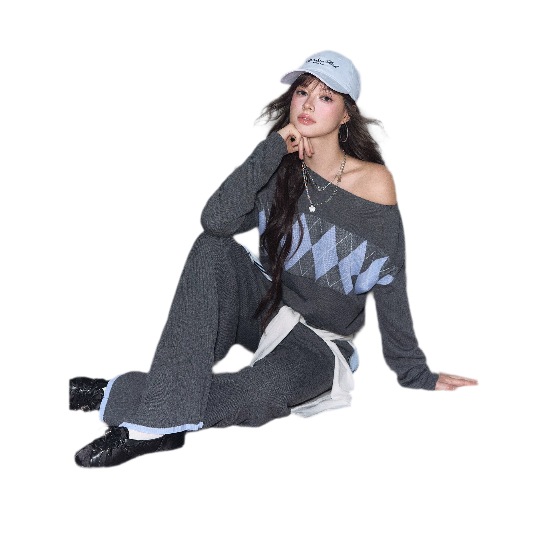 Argyle Off-Shoulder Knit Set
