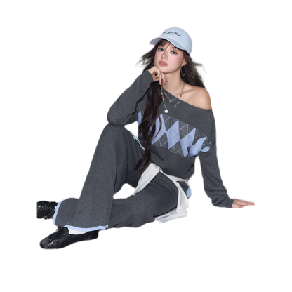 Argyle Off-Shoulder Knit Set