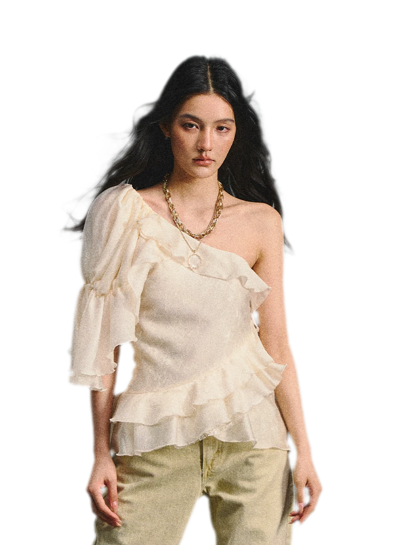 Vintage Romantic Lace Ruffled Asymmetric Top