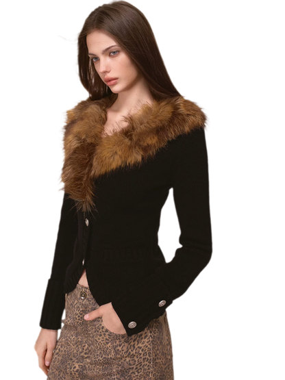 Veste en maille à col en fausse fourrure teintée