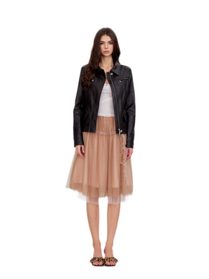 Layered Mesh Ruffle Midi Skirt