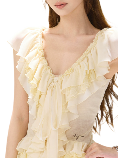 CYNR Lace Ruffle V-Neck Blouse – view 7