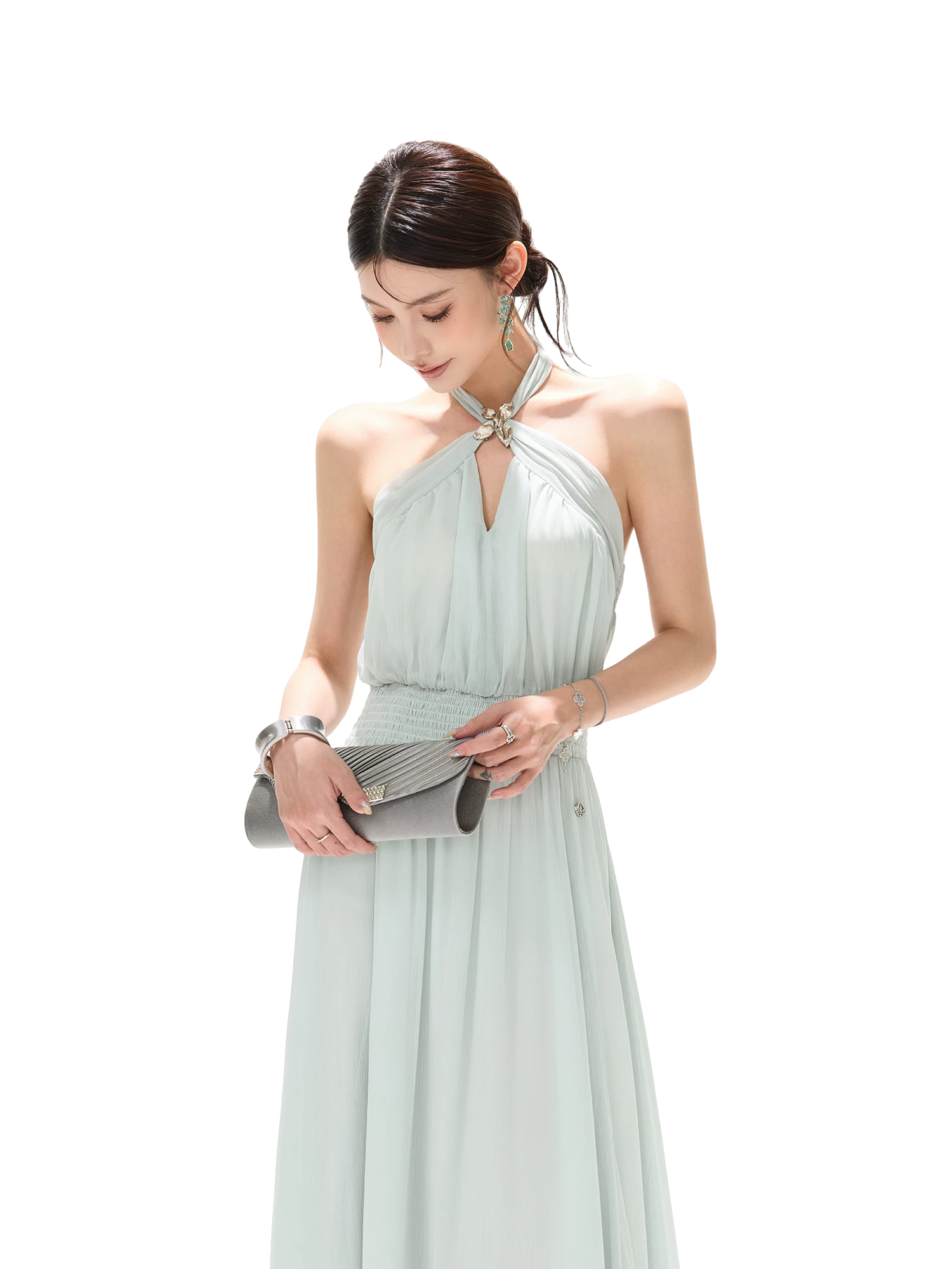 Misty Blue Halter Neck Chiffon Long Dress