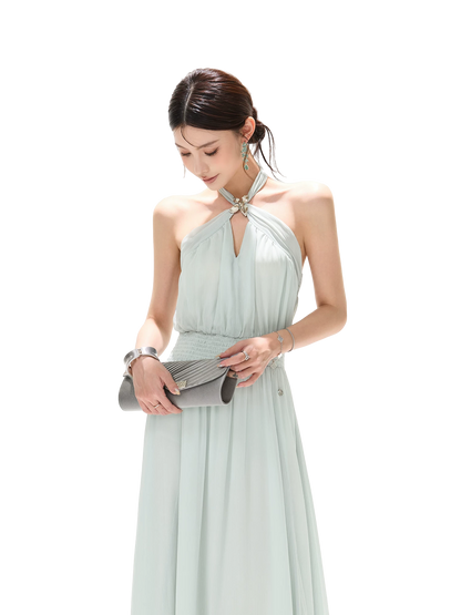 Misty Blue Halter Neck Chiffon Long Dress