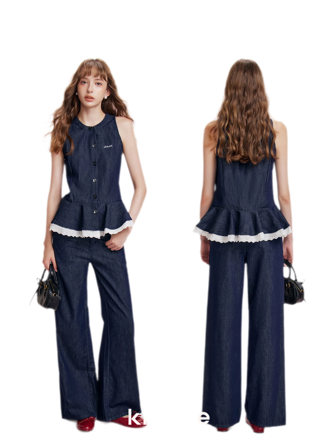 Lace Trim Peplum Denim Set