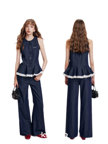 Lace Trim Peplum Denim Set