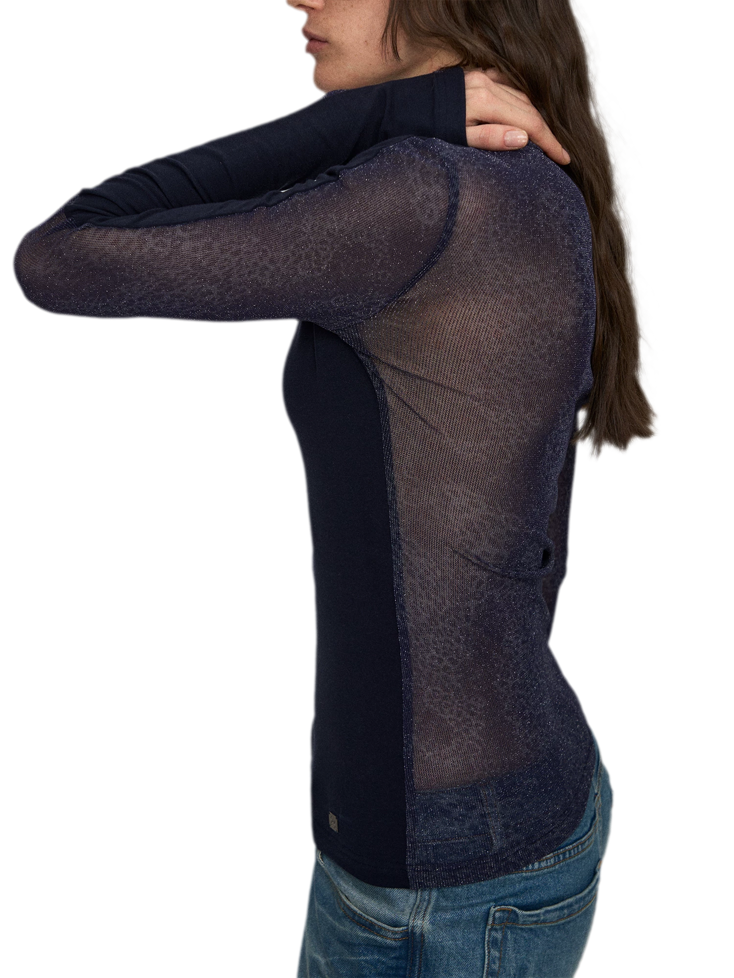 Wool Lyocell V-Neck Long Sleeve Top with Lace