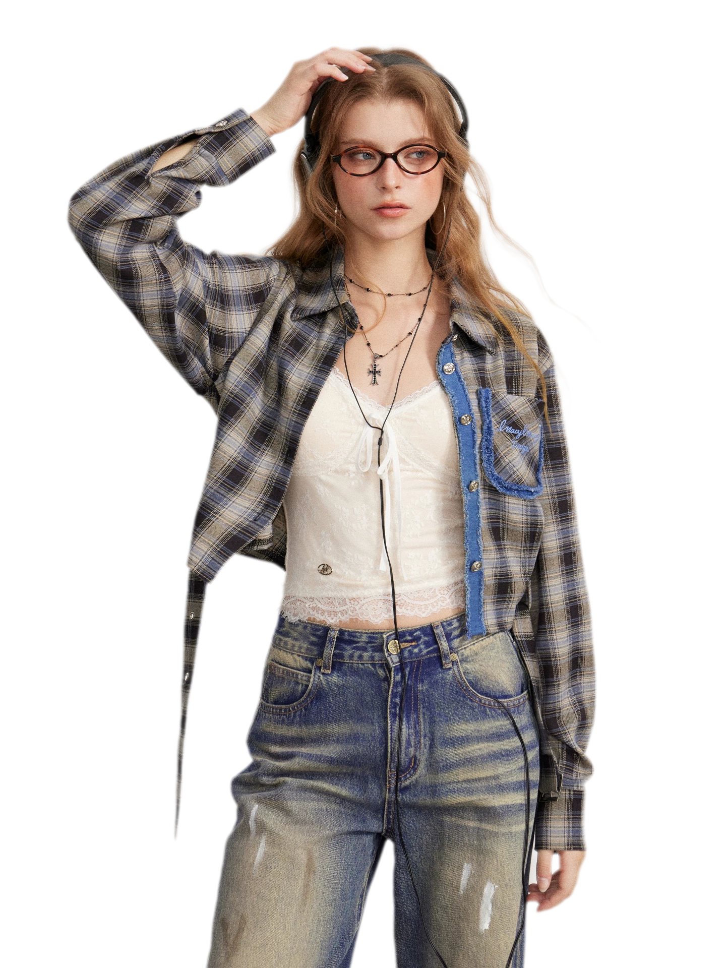 Fringe Plaid Cropped Shirt Jacket