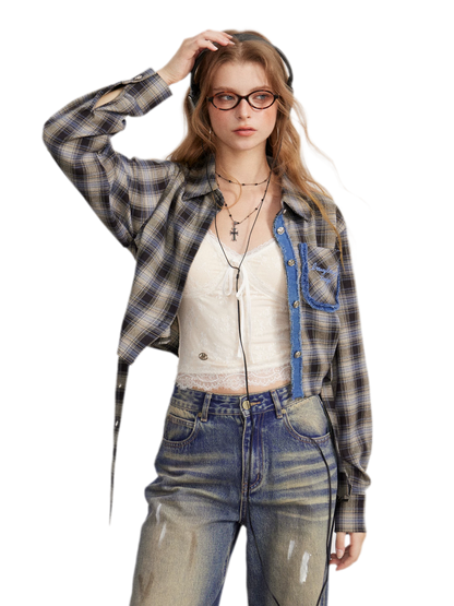Fringe Plaid Cropped Shirt Jacket