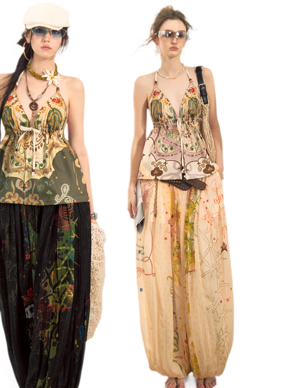 She Island Bohemian Halter Tie-Back Printed Crop Top