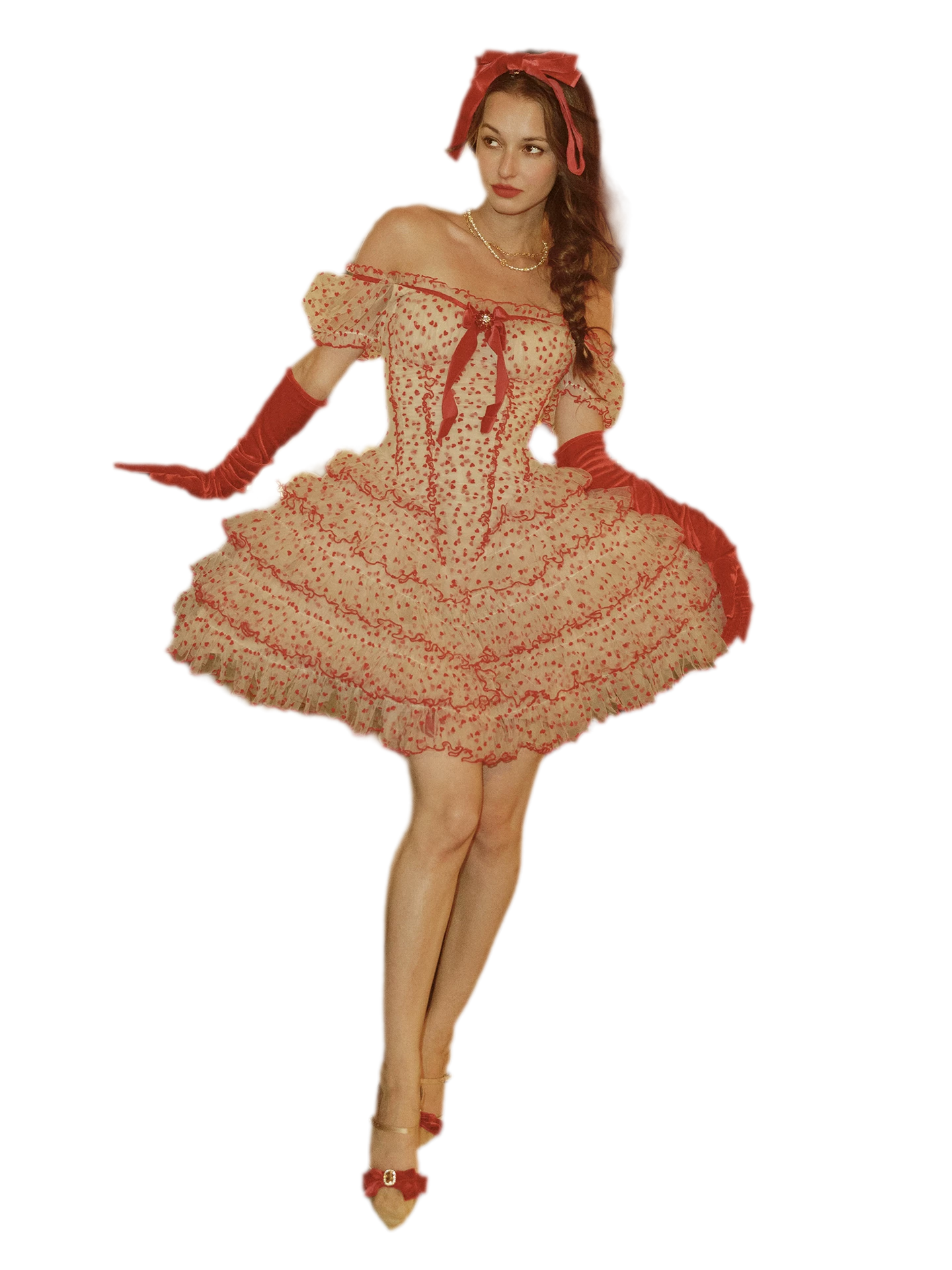 Flocked Bow Ruffle Dress