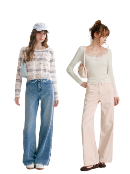 Cotton Lace-Trim Wide-Leg Jeans