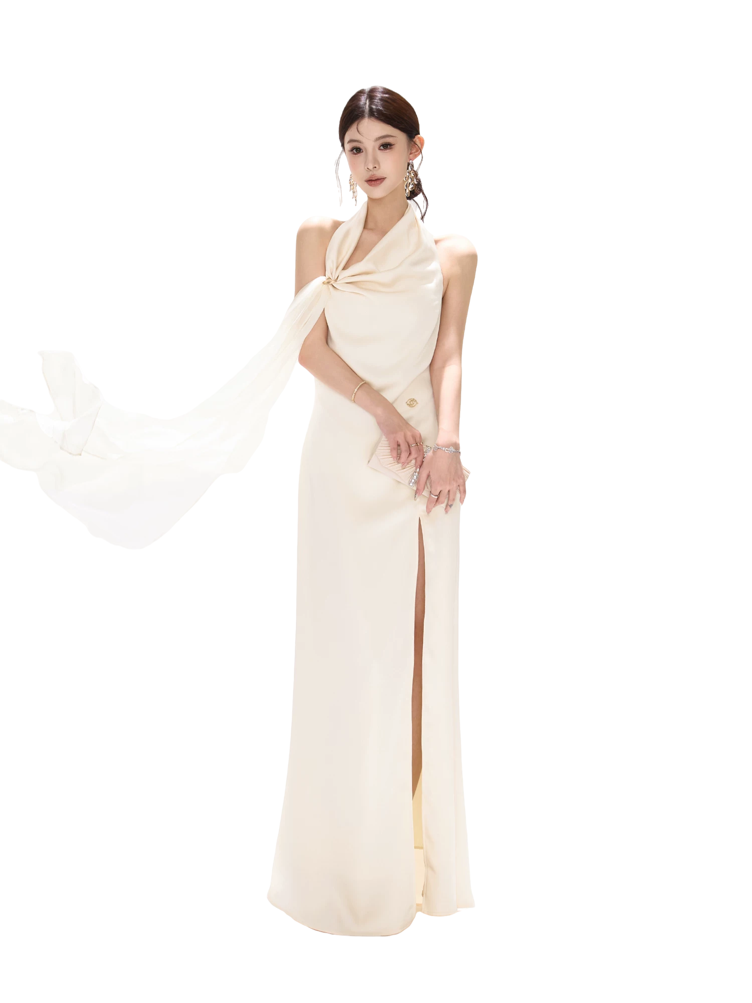 Halterneck Draped Satin Long Dress with Side Slit