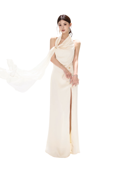 Halterneck Draped Satin Long Dress with Side Slit