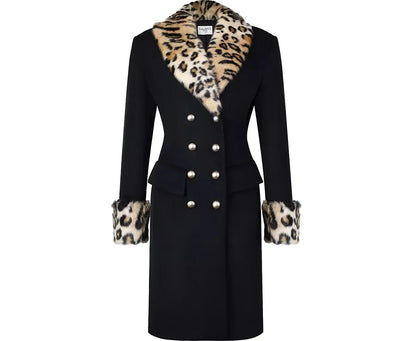 Leopard Trim Wool Coat