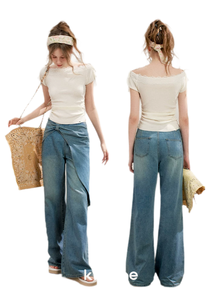 Lace Trim Off-Shoulder Knit Top &amp; Denim Pants