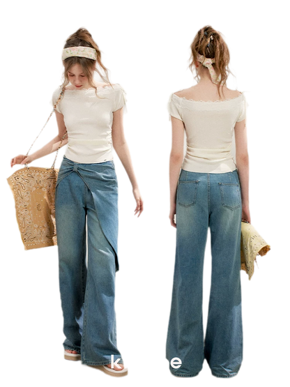 Lace Trim Off-Shoulder Knit Top &amp; Denim Pants