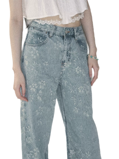 American Style Rhinestone Floral Denim Pants