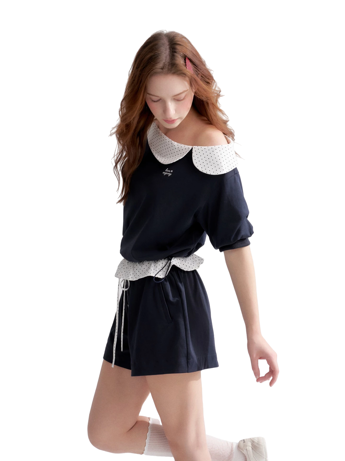 Vintage Polka Dot Asymmetric Short Sleeve Sweatshirt