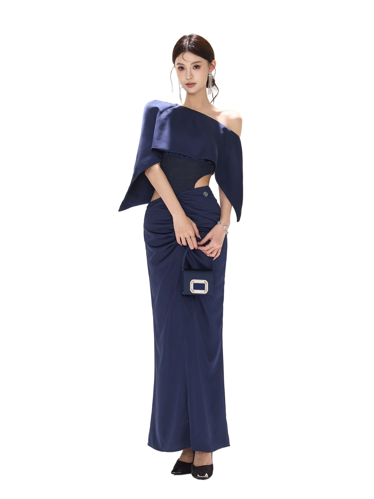 Night Banquet Muse Indigo Asymmetric Off-Shoulder Long Dress