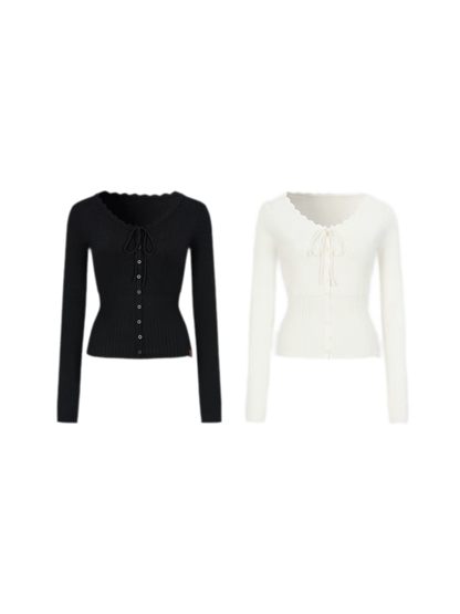 Ribbed Lace-Trim Fitted Knit Top