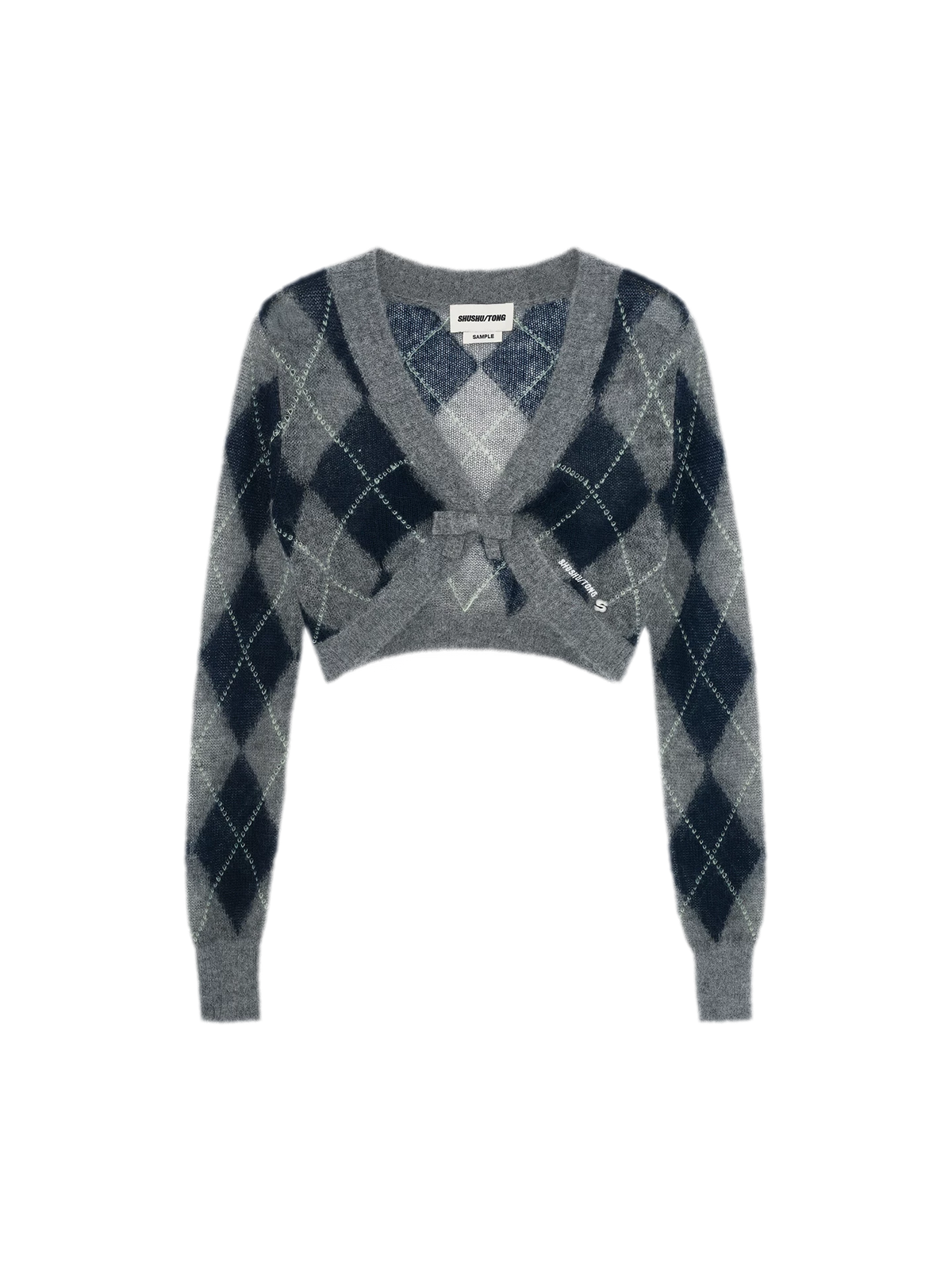 Flauschige Argyle-Strickjacke in verkürzter Länge