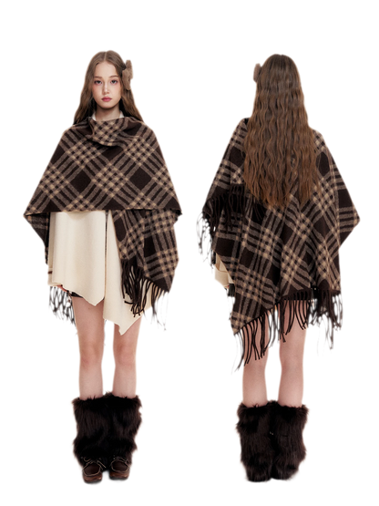 Fleece Checked Fringe Poncho