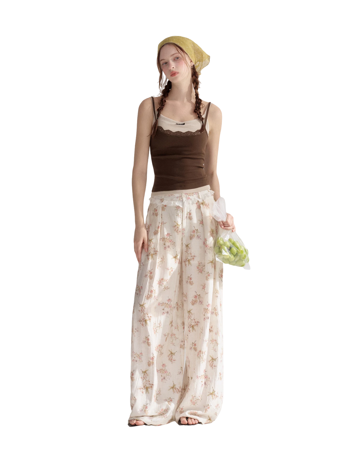 ASGONY Lightweight Printed Wide-Leg Pants with Lace Waistband – view 3