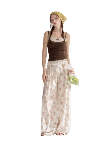 Lightweight Printed Wide-Leg Pants with Lace Waistband