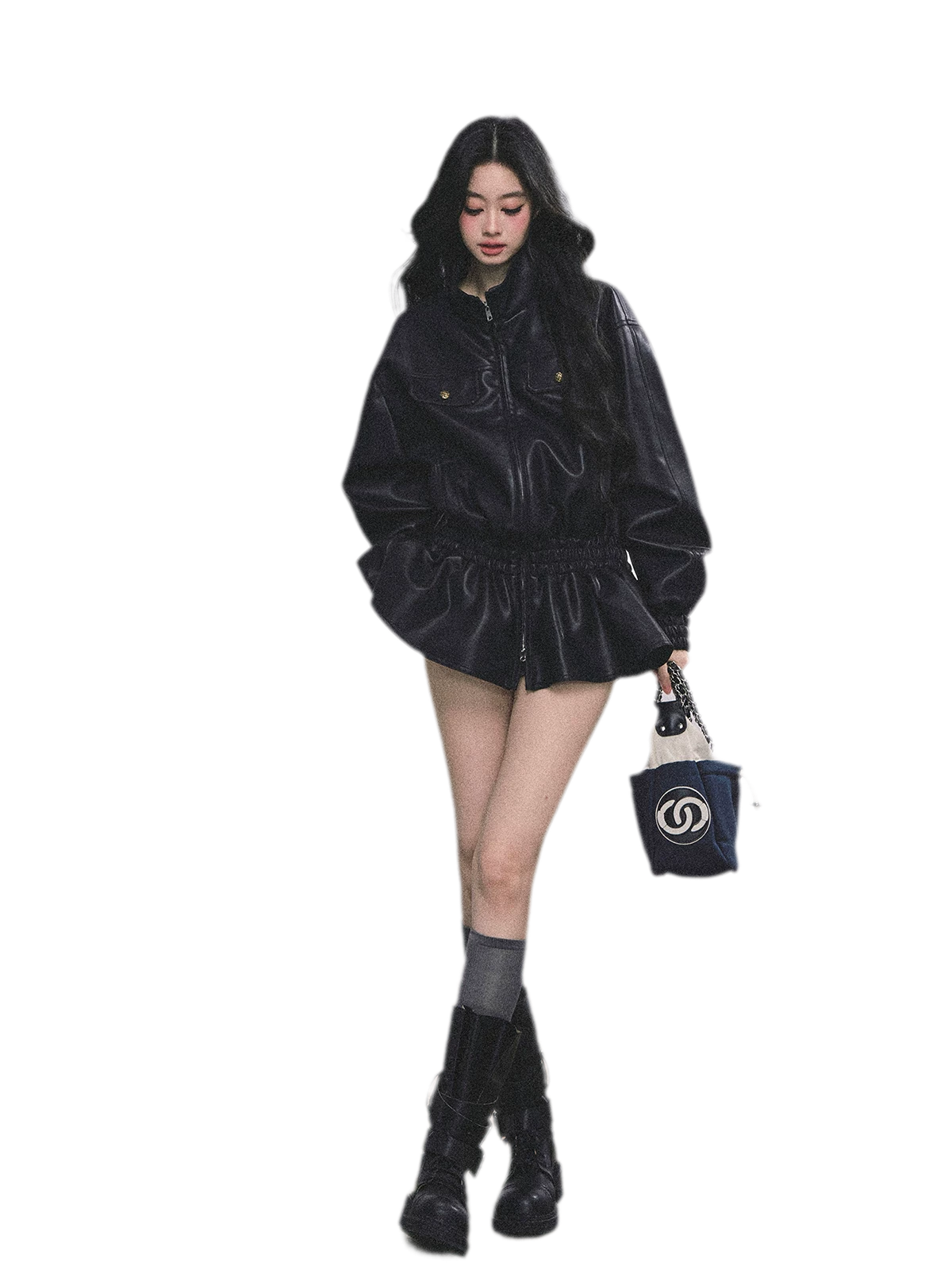Faux Leather Stand Collar Jacket