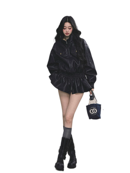 Faux Leather Stand Collar Jacket