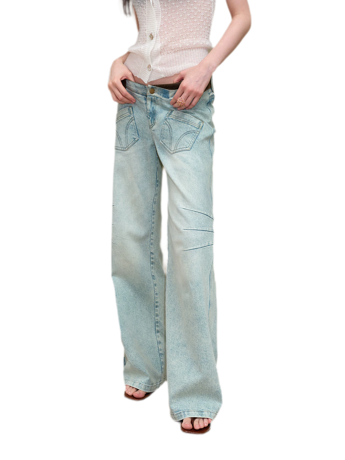 Vintage V-Waist Washed Blue Suede Patch Jeans