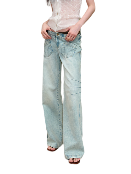 Vintage V-Waist Washed Blue Suede Patch Jeans