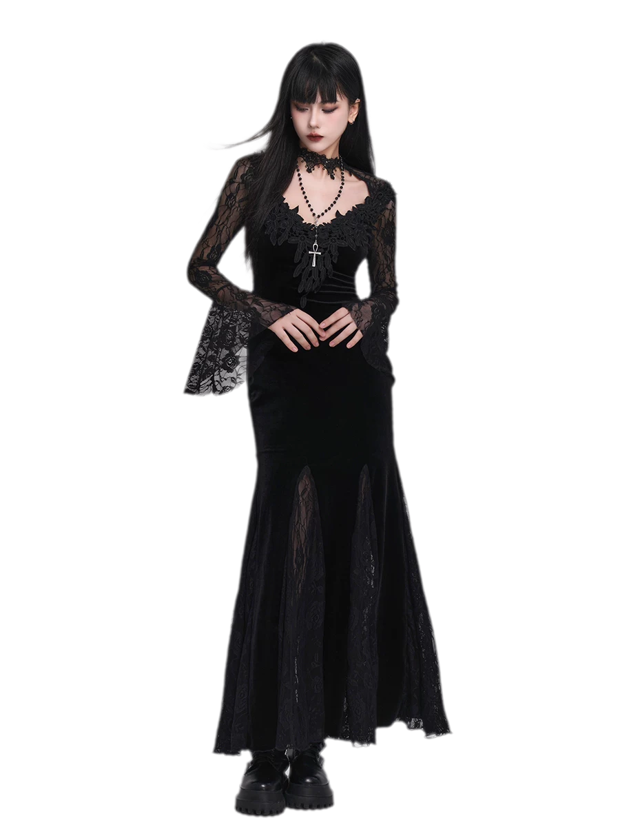 Lace-Sleeve Mermaid Gothic Dress