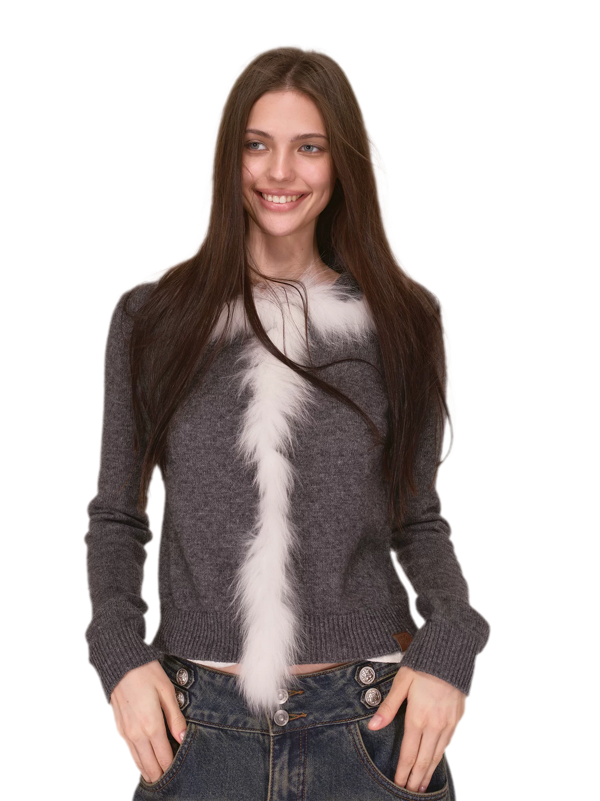 Gilet court en maille avec bordure en fourrure de renard