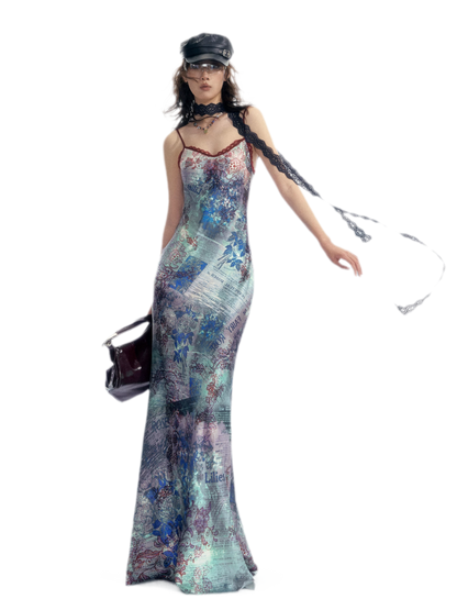 Botanical Print Bias-Cut Camisole Long Dress