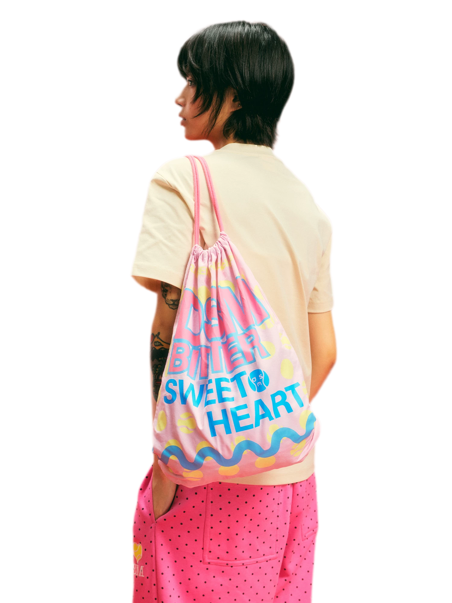 Screen-Printed Drawstring Shoulder Bag