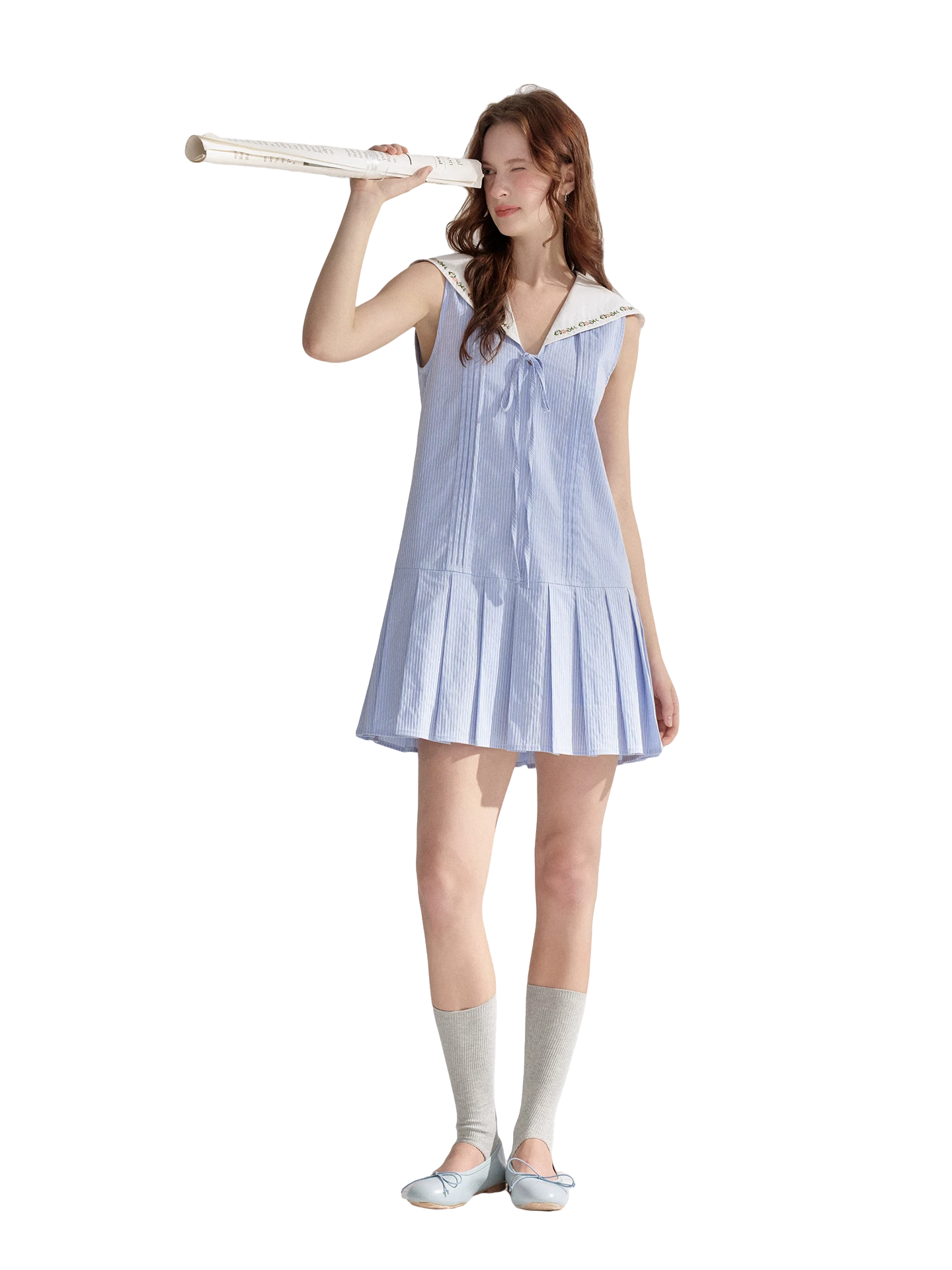 Embroidered Blue Striped Sailor Collar Pleated Dress