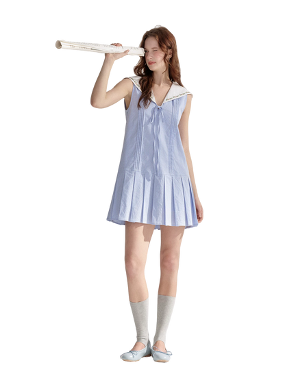 Embroidered Blue Striped Sailor Collar Pleated Dress