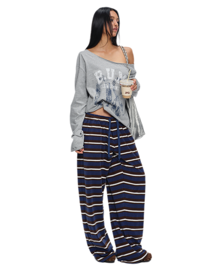 Embroidered Stripe Wide-Leg Pants
