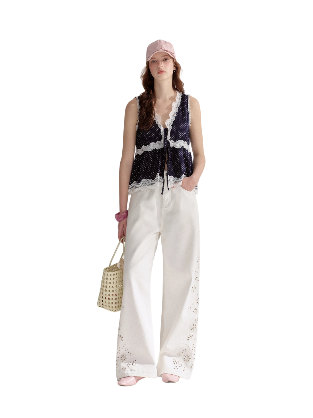 V-Neck Lace Polka Dot Waist-Defined Sleeveless Top