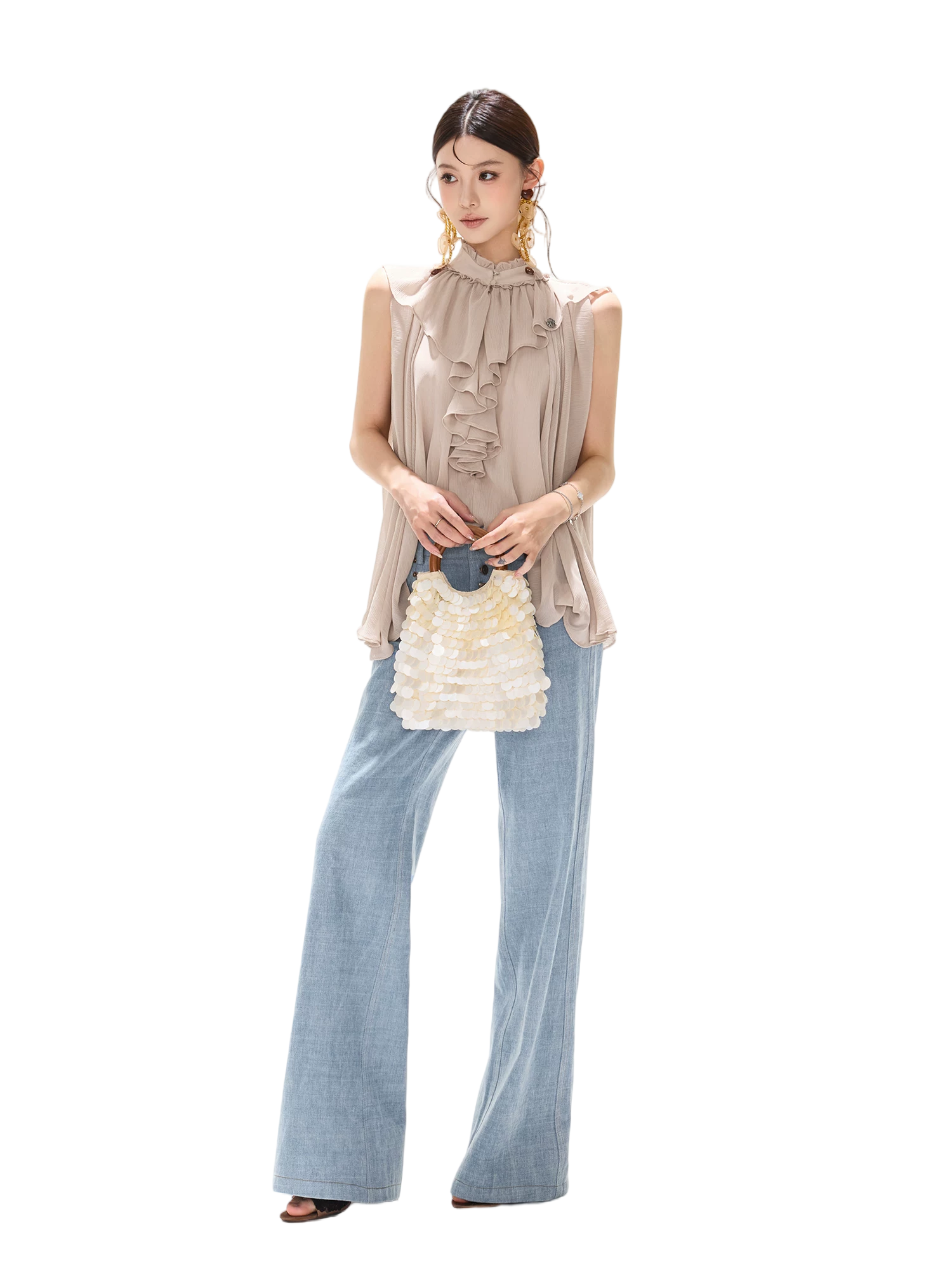 90s Vintage Washed Metal Button Wide-Leg Denim Pants