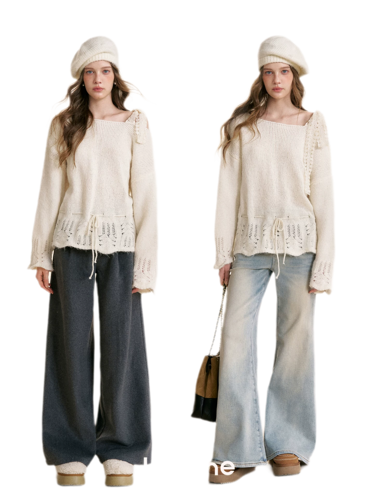 Lace Drawstring Off-Shoulder Sweater