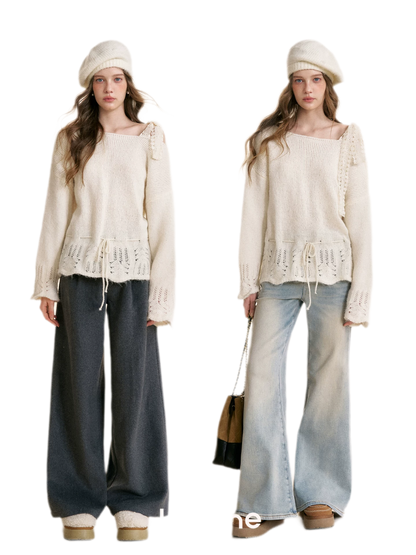 Lace Drawstring Off-Shoulder Sweater