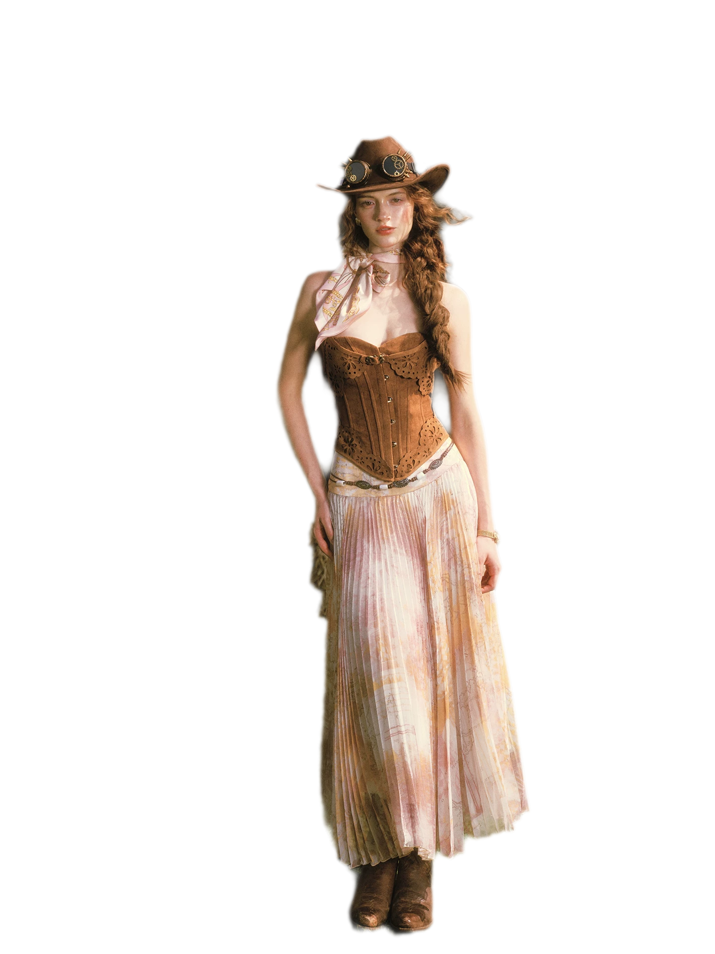 Suede-Look Corset Pleated Skirt Set