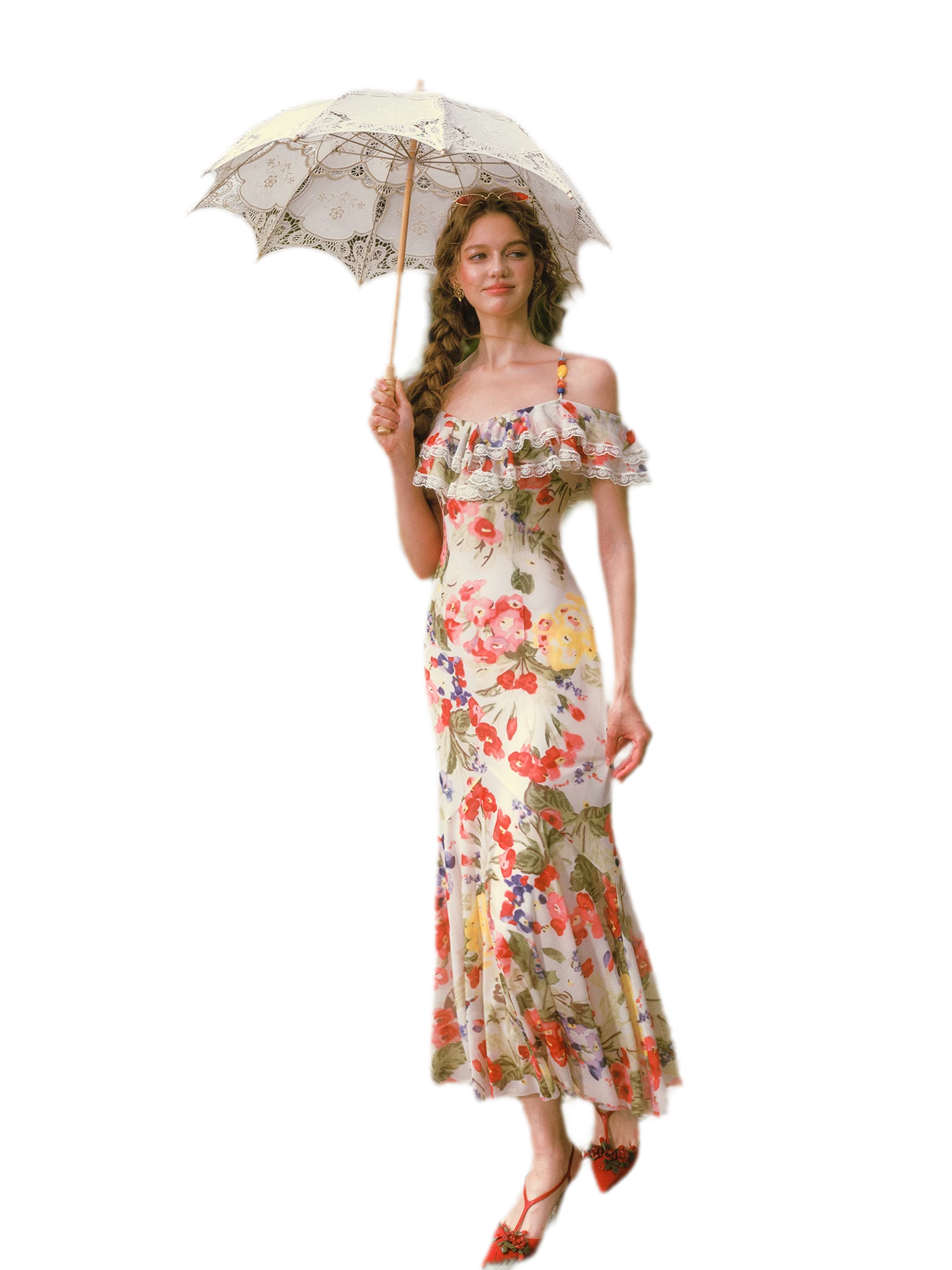 Floral Ruffle Mesh Maxi Dress